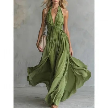 Elegant V-Neck Sleeveless Waist-Cinched Long Dress Summer New Style Pure Color Holiday Vibes Cross-Border Polyester Maxi Dress