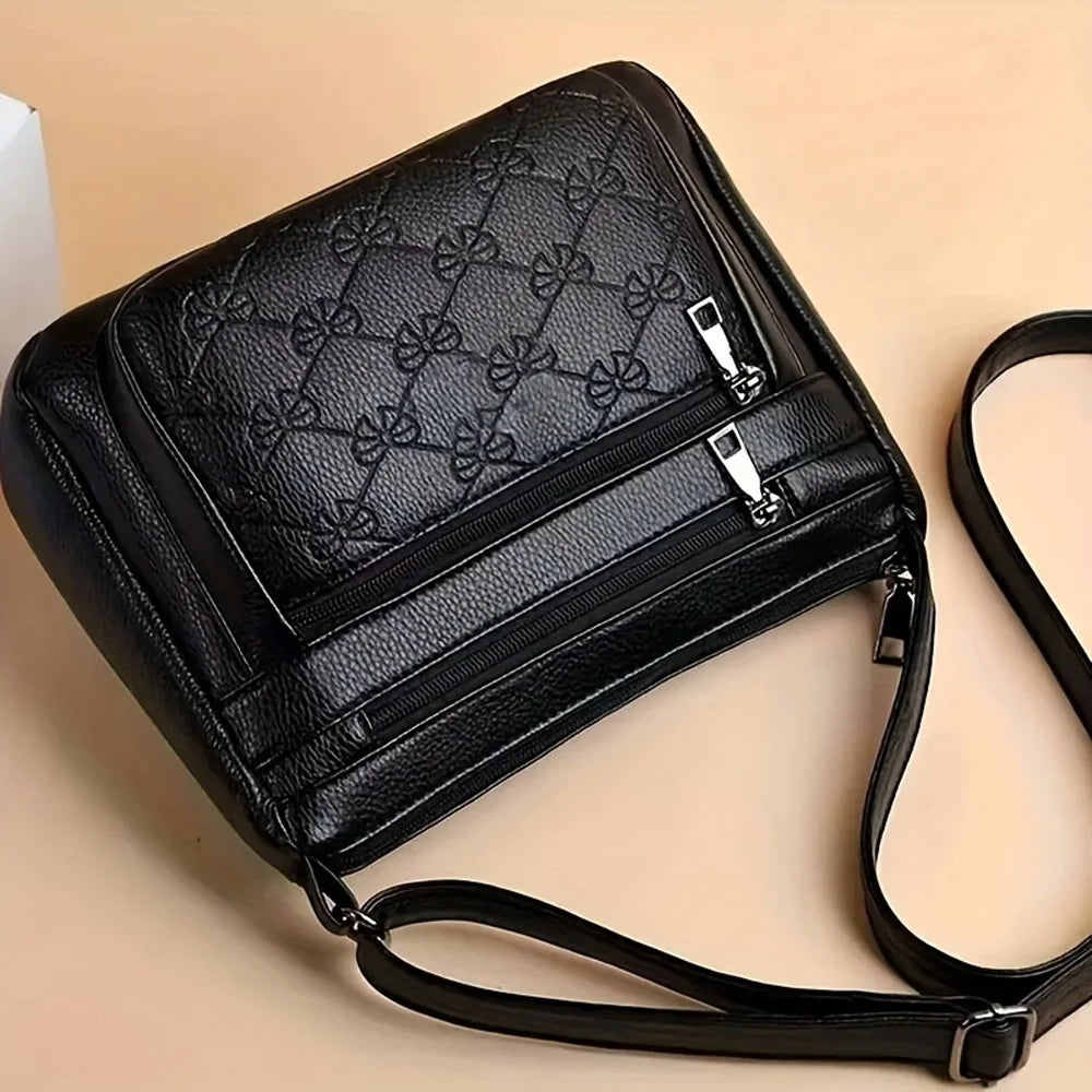 Women Crossbody Fashion Pu Leather Large Capacity Multi-Pocket Mom Bag Black Embossed Outing Party Shoulder Bag