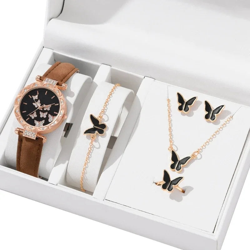 Butterfly Jewelry Set (Without Box)Women'S Watches Female Leather Watch Rings Necklace Earrings Bracelet Wedding