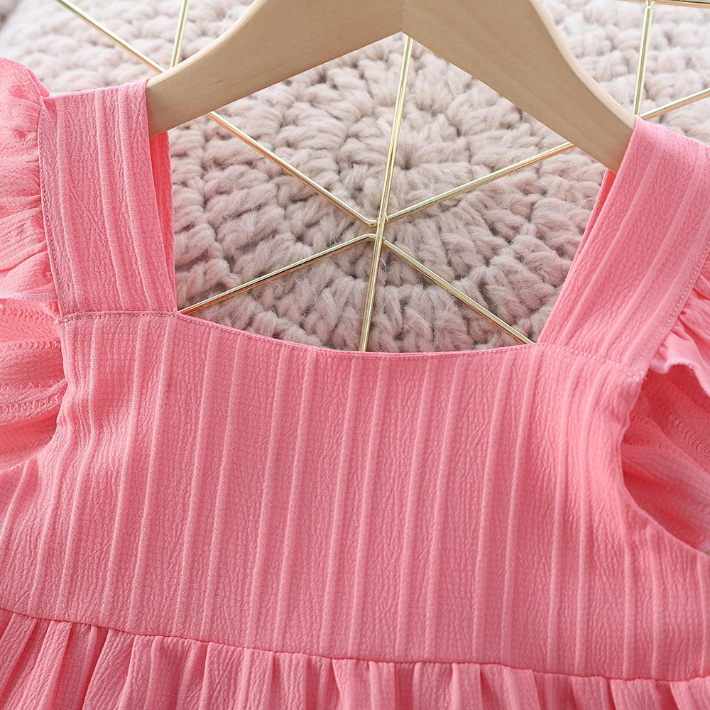 Girls Cake Princess Dress Solid Color Suspender Flying Sleeve Pink Dress Casual Kids Clothes Fashion Summer Wear