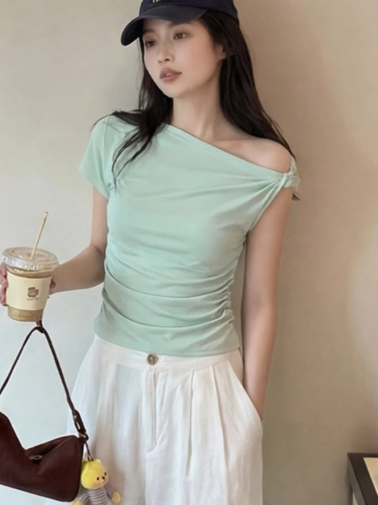 White Diagonal Shoulder Short Sleeve Crop Top 2026 Summer Solid Waist Pleated Women T-shirt Korean Style Minimalist Slim Tee