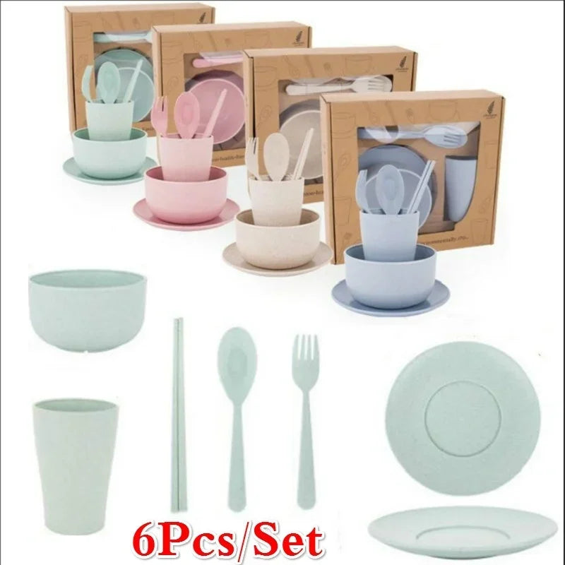 6 Pcs/Set Wheat Straw Baby Tableware Children Food Dishes Bowl Feeding Infant Learning Dinnerware Spoon Chopsticks Fork Cup New