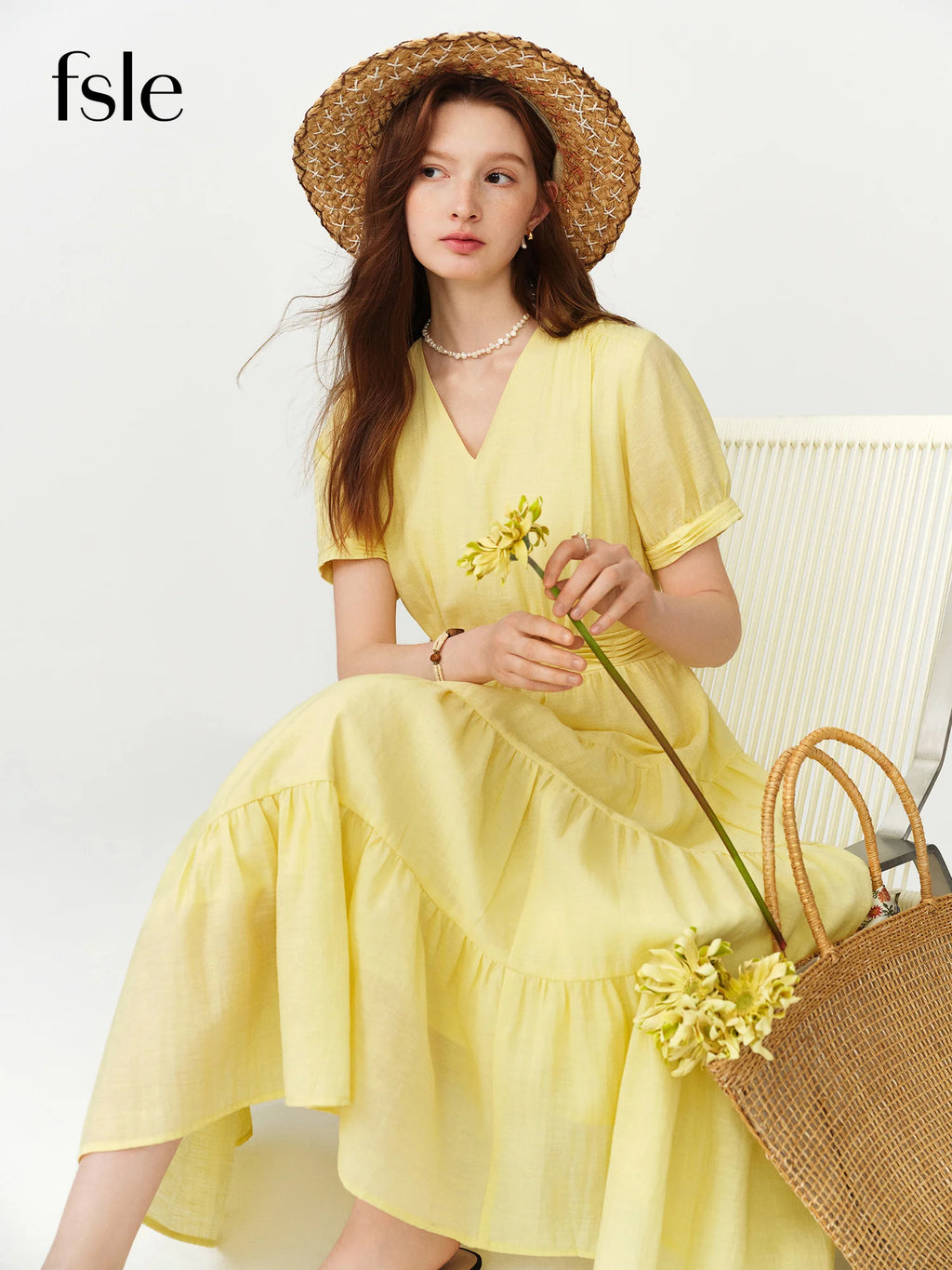 FSLE V-neck Puff Sleeve Pleated Waist Dresses Women New Summer 2026 High-waisted Cut Short Sleeve Mid-calf Length Fairy Dress