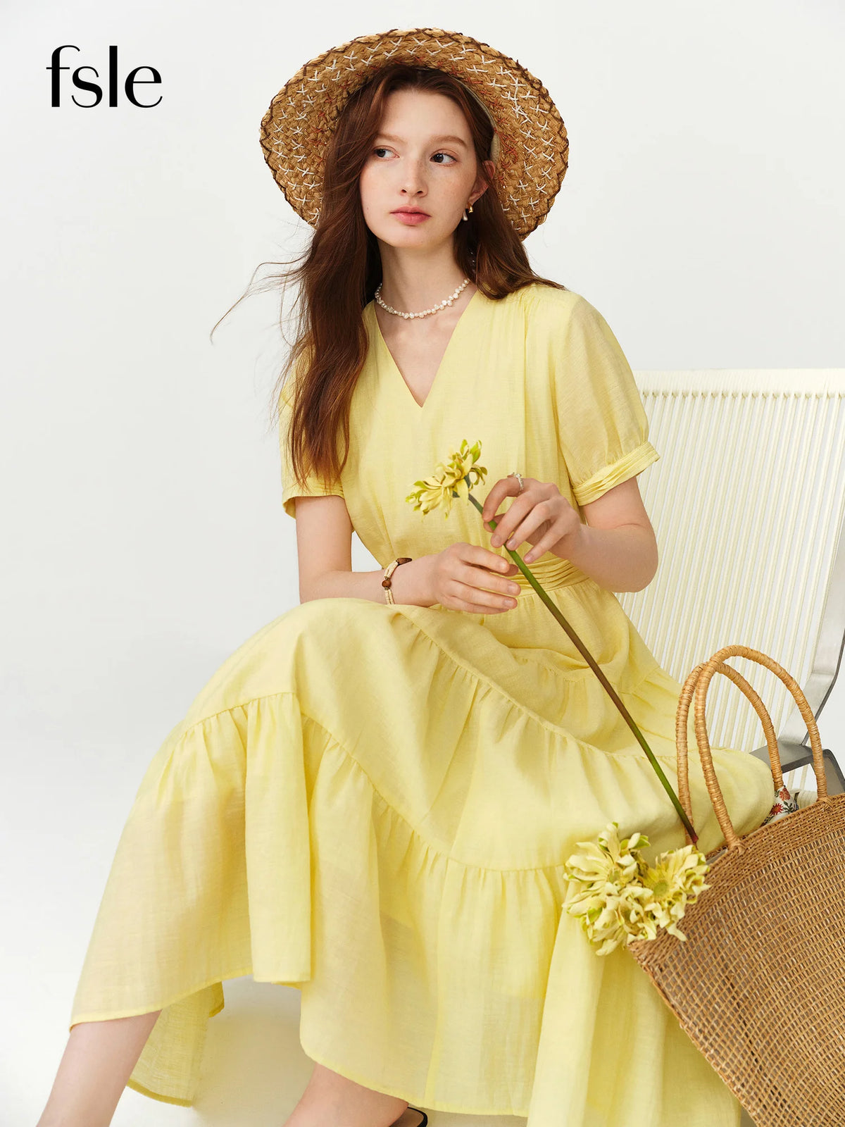 FSLE V-neck Puff Sleeve Pleated Waist Dresses Women New Summer 2026 High-waisted Cut Short Sleeve Mid-calf Length Fairy Dress