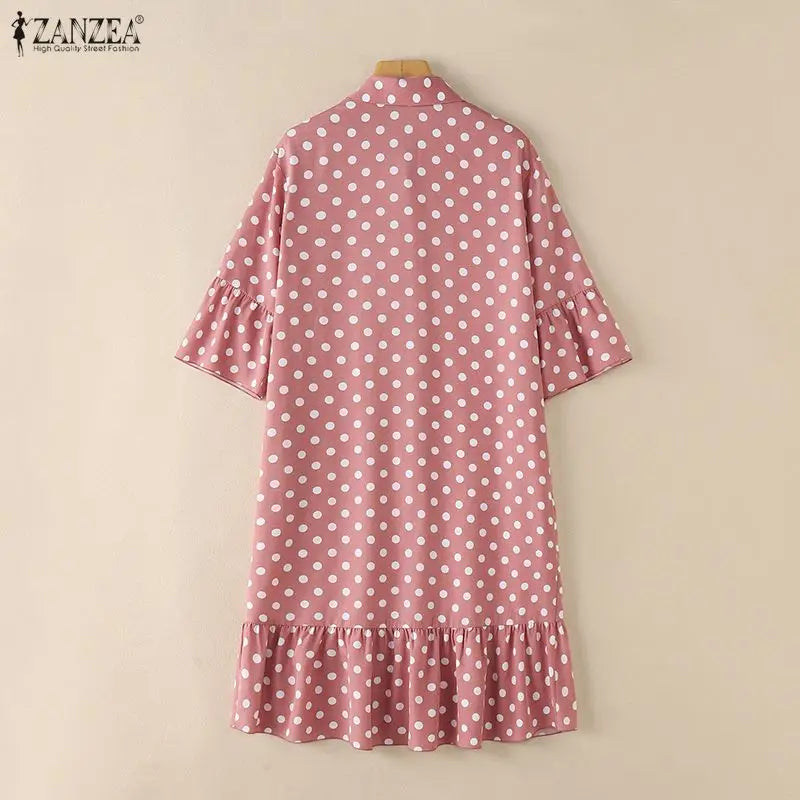 ZANZEA Summer Elegant Lapel Neck Short Sleeve Sundress Polka Dots Printed Women Dress Stylish Casual Holiday Beach Midi Dresses
