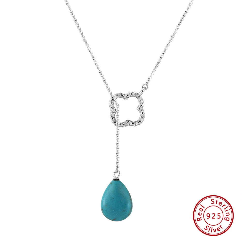 ORSA JEWELS Bohemia Turquoise Stone Pendant Necklace 925 Silver for Women Clavicle Chain Delicate Wedding Party Jewelry GMN47