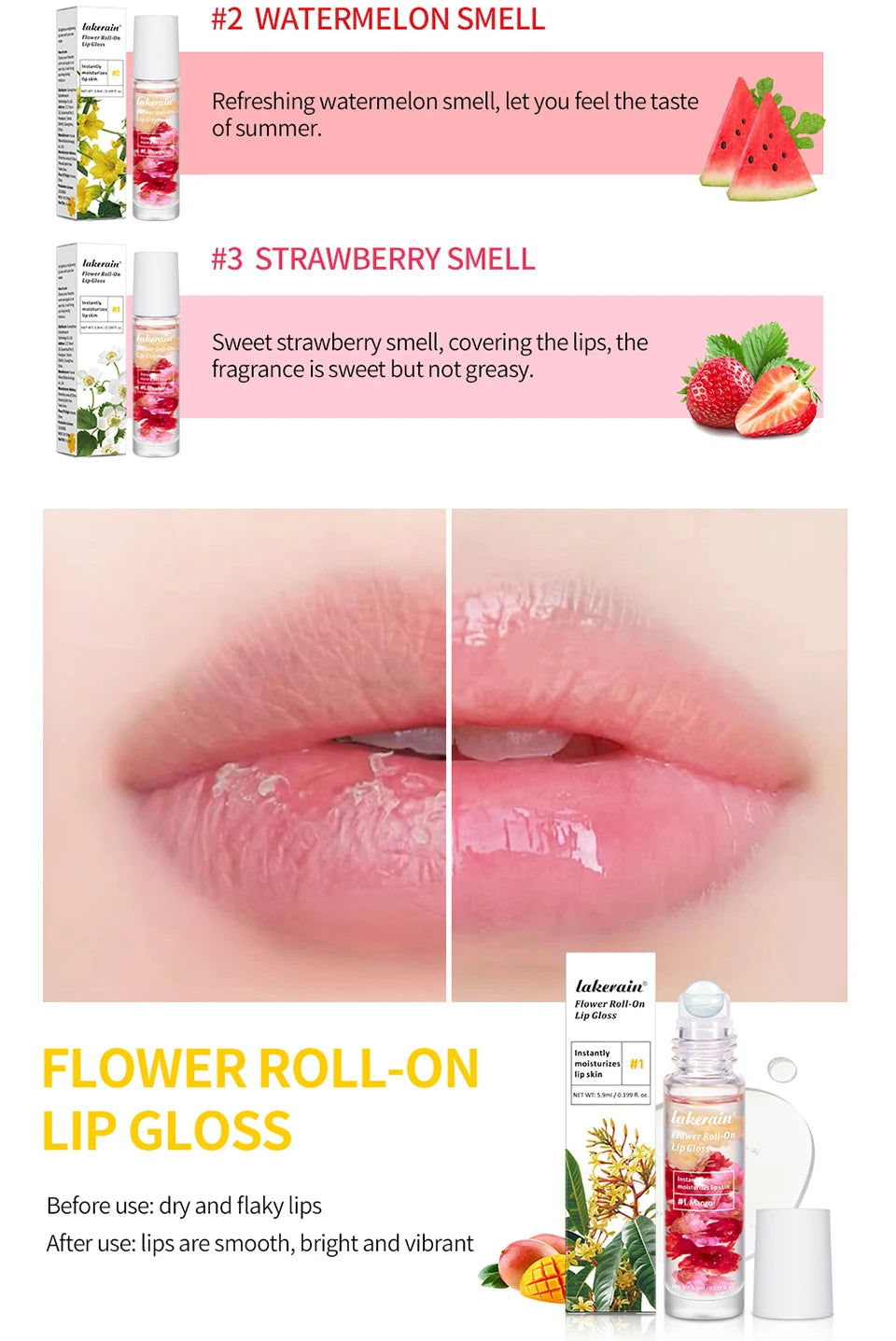 Lakerain Flower Roll-On Lip Gloss Fruit Flavor Sweet Taste Soften Lip Skin Long Lasting Gloss Deep Moisturizing Bright Gloss