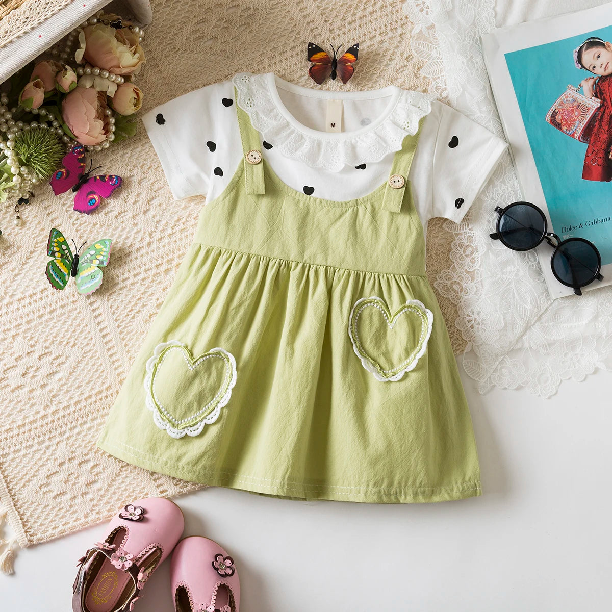Vestido de bebé niña de verano con cuello de muñeca, estampado de lunares, estilo princesa adorable para niñas pequeñas