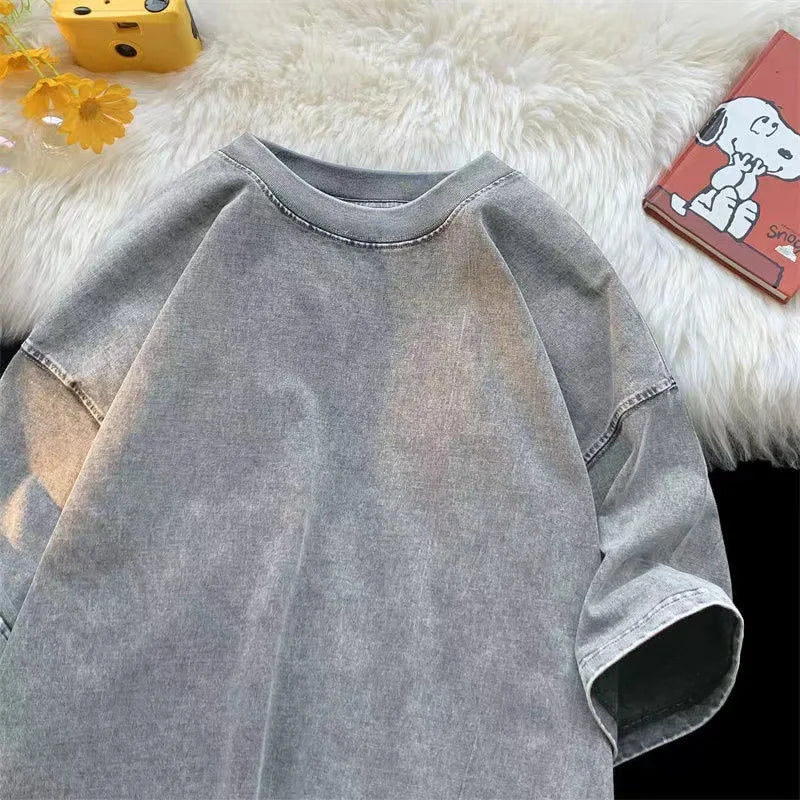 Quality Oversized Acid Washed Y2K T Shirt Men Vintage T-Shirts Streetwear Mineral Wash Tee Shirts Boy Loose Luxury Brand Tops