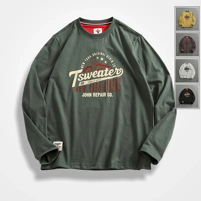 Autumn New American Retro Long Sleeve O-Neck Letter Motorcycle Print T-Shirt Men'S Fashion 100% Cotton Washed Casual Sport Tops