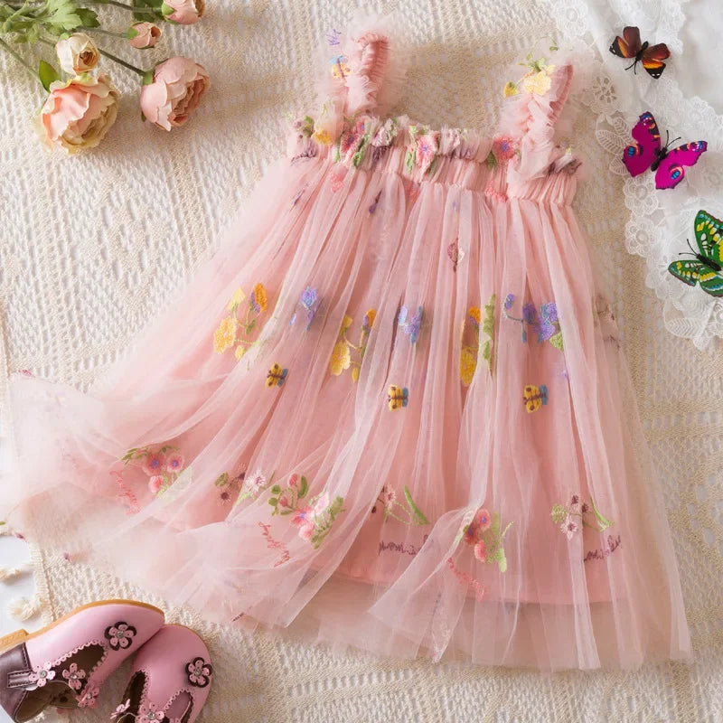 2026 All New Summer Tulle Toddler Girls Princess Dress 3D Butterfly Floral Embroidery Puff Skirt Girl's Party Gift Dress