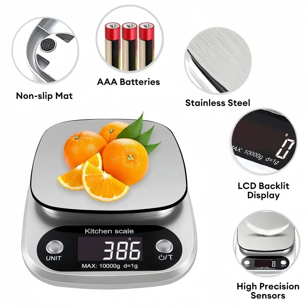 Báscula de cocina digital de 10 kg/1 g, de alta precisión, con pantalla LCD, para alimentos, joyería, café, repostería, portátil, herramientas de cocina de alta calidad