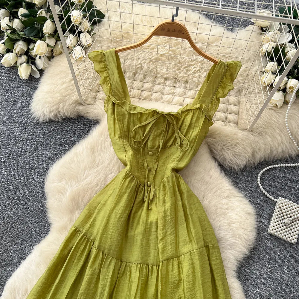Summer French Sweet Camisole Ruffle Edge Dress for Women New Style with Straps Waist Cinching Vacation Style Dress C579