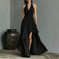New Summer Women Chiffon Evening Gown Halter V‑Neck Backless Waist‑Cinching Formal Dress For Wedding Guest Cocktail Party