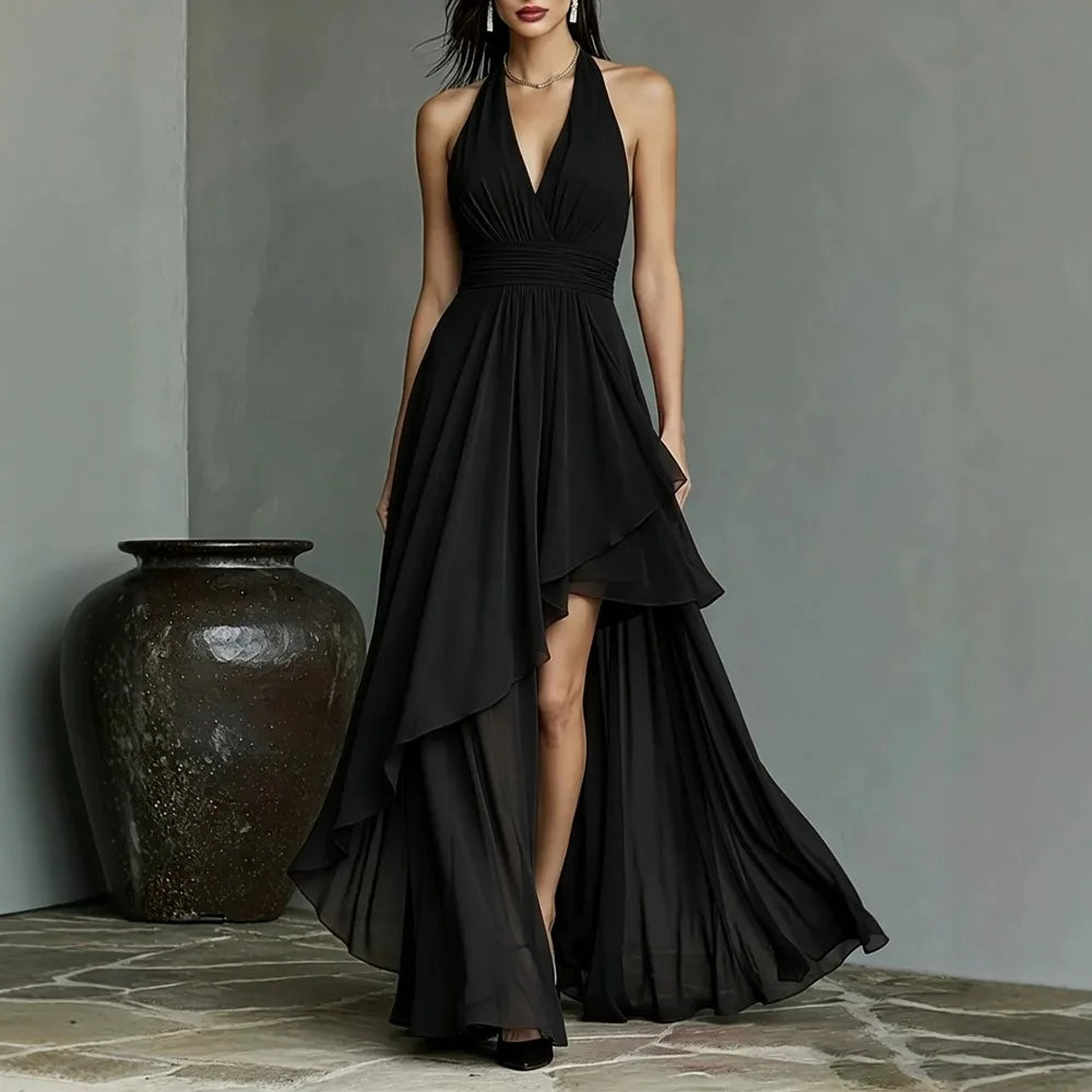 New Summer Women Chiffon Evening Gown Halter V‑Neck Backless Waist‑Cinching Formal Dress For Wedding Guest Cocktail Party