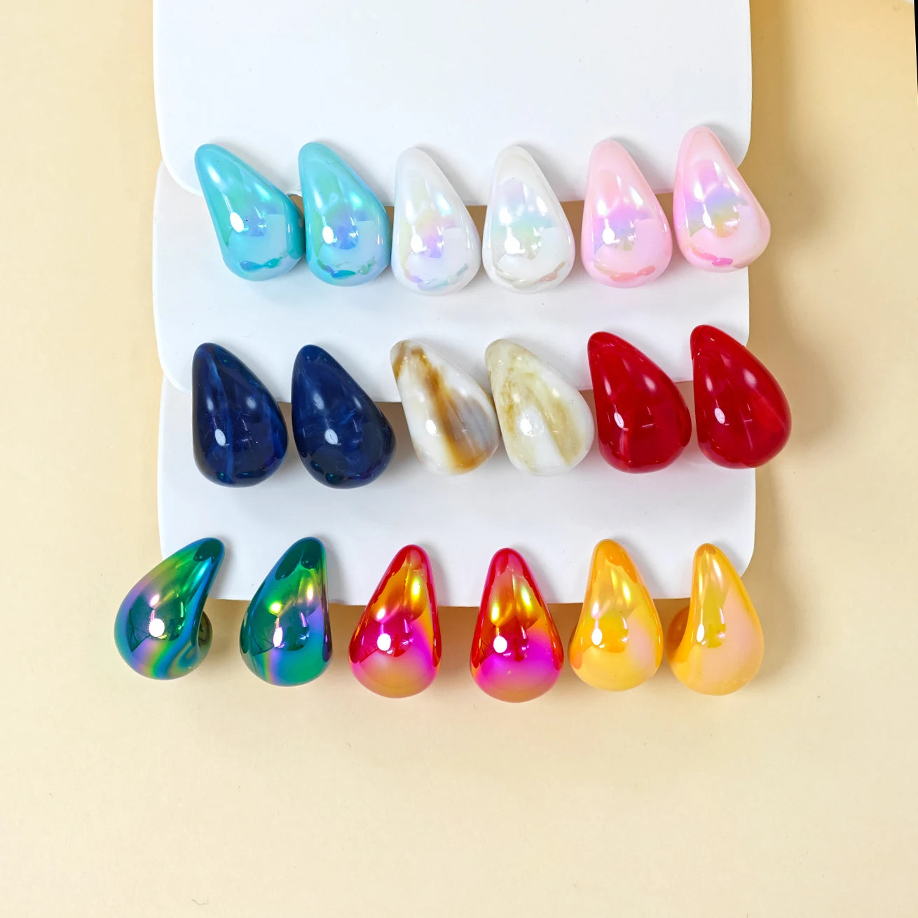 18pcs Simple Versatile Water Drop Earrings For Women Macaron Color Shiny Surface Iridescent Texture Earrings