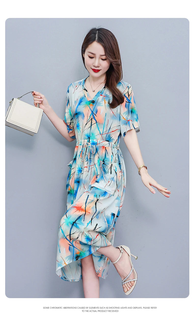 New Fashion 2025 Summer dresses For Women V-Neck Plus Size Woman Cothing Loose Short Sleeve Women Print Dresses
