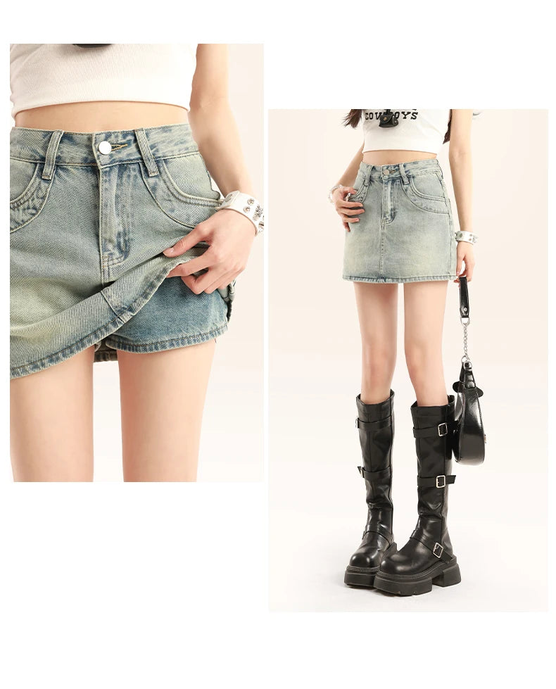 Light Blue Spicy Girl High Waist Denim  Skirt Women's A-Line Bodycon Short Skirt Summer New Style Slimming Anti-Light