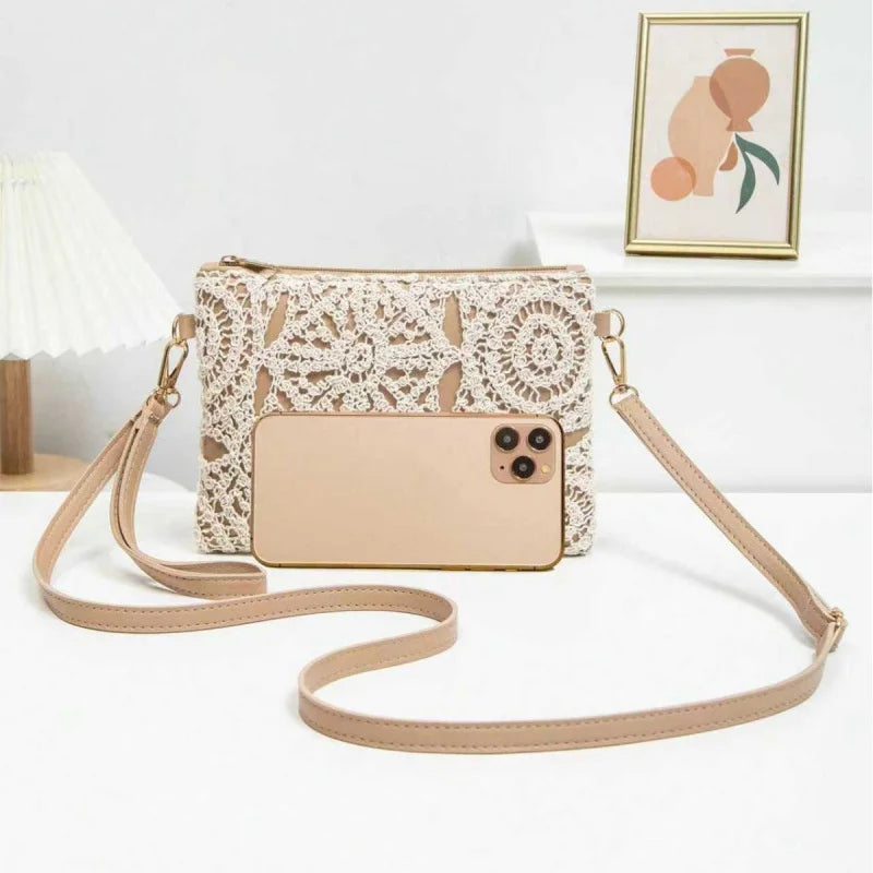 Simple Versatile Crossbody Crochet Bag, New Woven Bag, Zipper Closure, Retro Casual Beach Flower Women's Bags