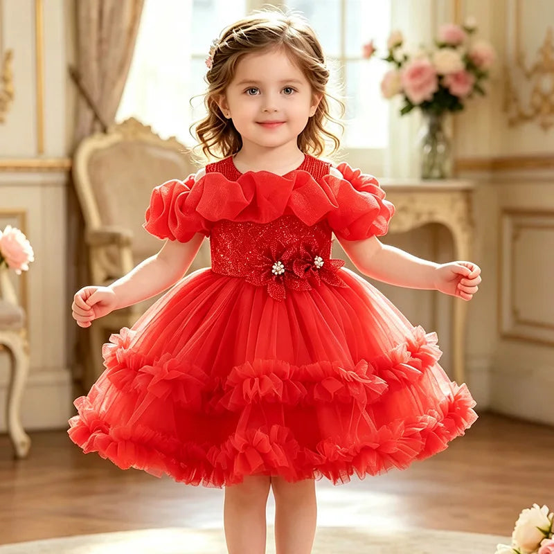 HETISO Girls Princess Flower Dress Tutu Sleeve Baby Toddler Children's Birthday Party Ball Gown for 0-5 Years