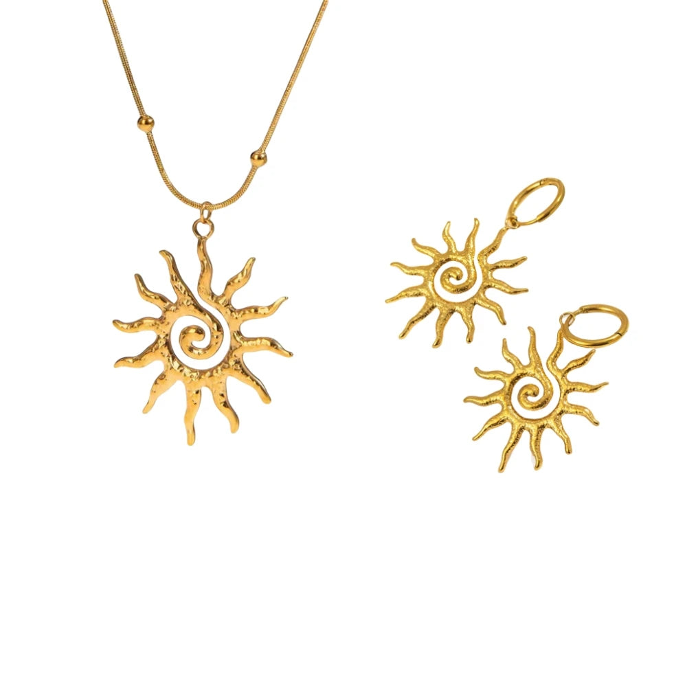 Fashion Vintage Chic Sun Shaped Pendant Necklace Stainless Steel Earrings Statement Fashion Jewlery Accessories