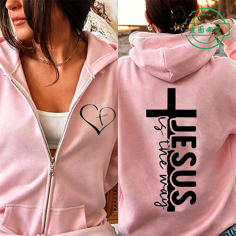 Autumn Fleece Zip Up Hoodie Jesus Print Hooded Sportwear Korean Fashion Sweatshirts Long Sleeve Top Pockets Loose Zip Hoodies