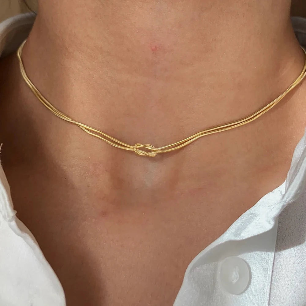 Emanco Elegant Minimalist Jewelry Lusterless 14K Gold Plated Knotted Snake Chain Necklace Women'S'S Stainless Steel Accessories