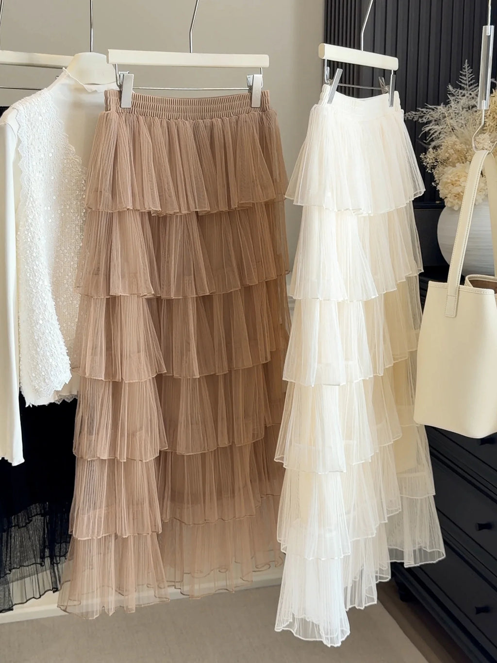 Seoulish Korean Style Layered Mesh Cake Midi Skirt 2026 Spring Women High Waist Elegant Tulle Skirt Female Long Skirts Party