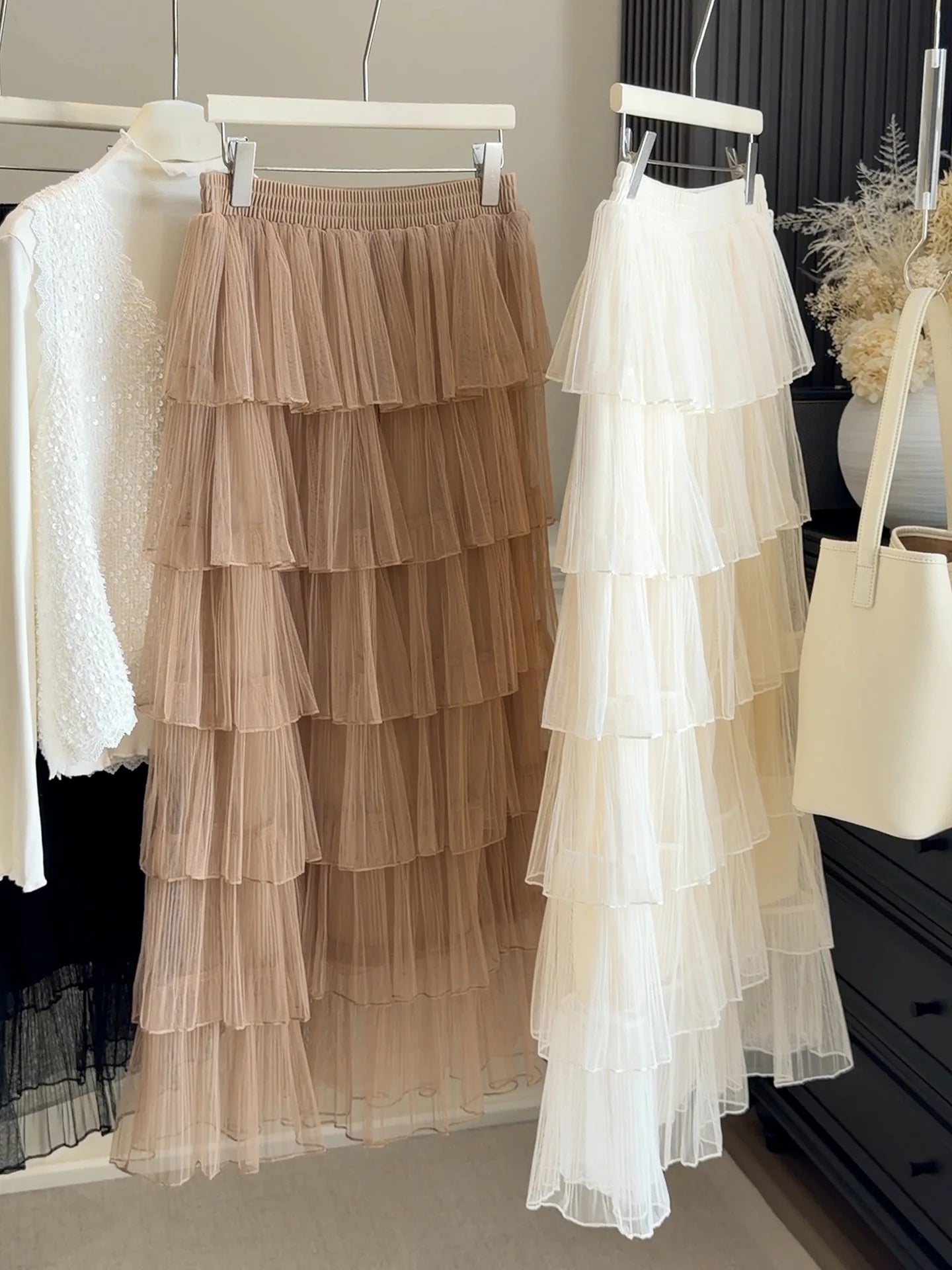 Seoulish Korean Style Layered Mesh Cake Midi Skirt 2026 Spring Women High Waist Elegant Tulle Skirt Female Long Skirts Party