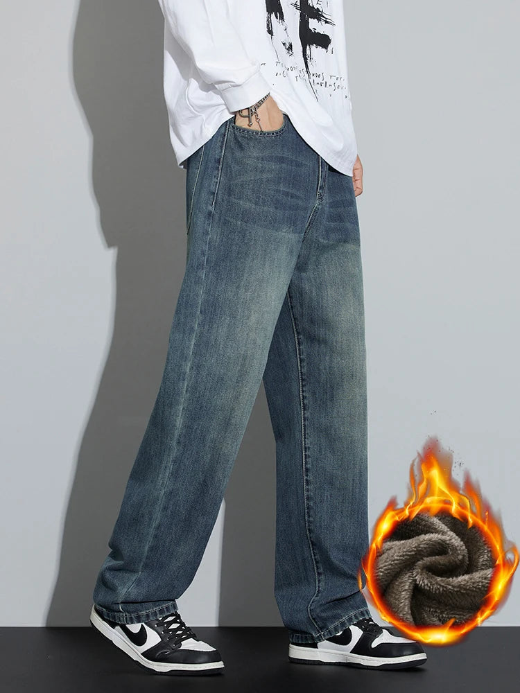 Winter Fleece Men'S Warm Jeans Loose Wide Leg Thickened Thermal Retro Denim Pants Fashion Straight Streetwear Plush Trousers