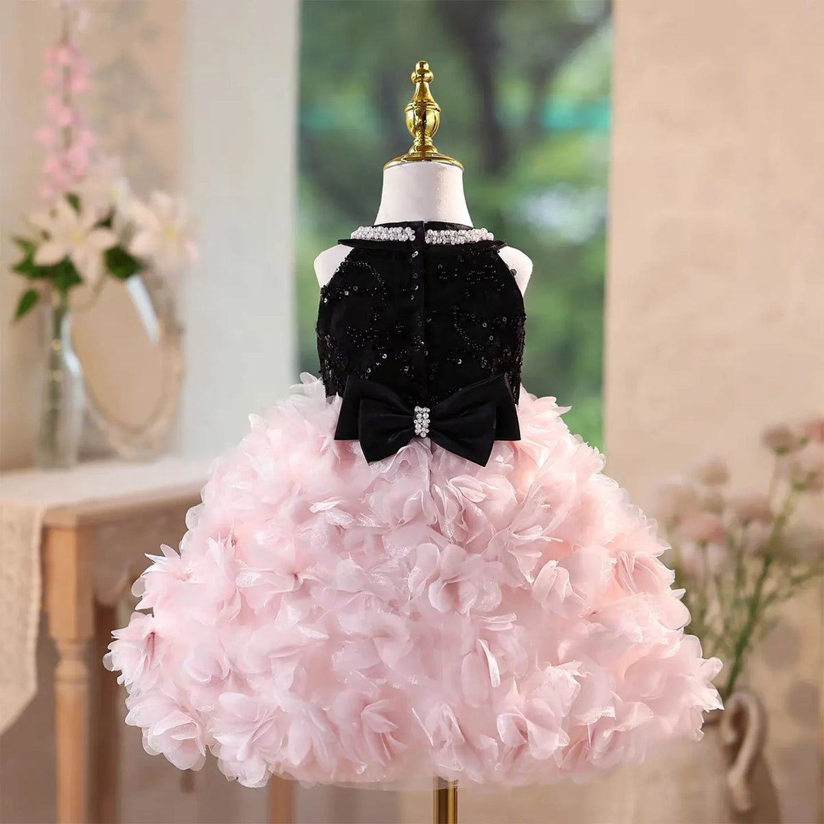 Dreamy Vow D141 Black Sequined Flower Girl Dress with Bow Knee Legth A-Line Wedding Birthday Holiday Party Summer Prom Gown