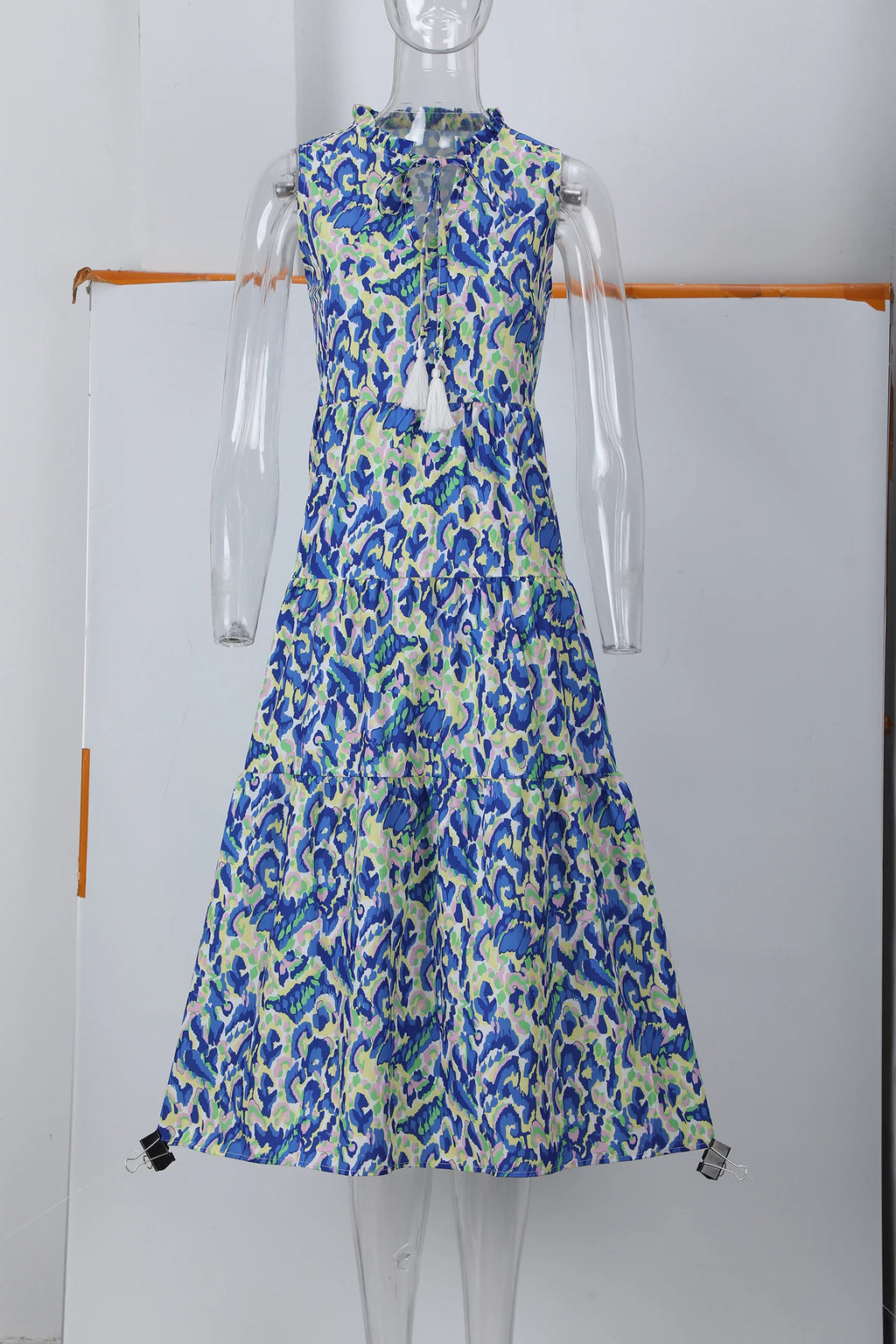 New European and American Summer Cross-border Seaside Vacation Mid to Long Sleeveless V-neck Tassel Abstract Print Dress
