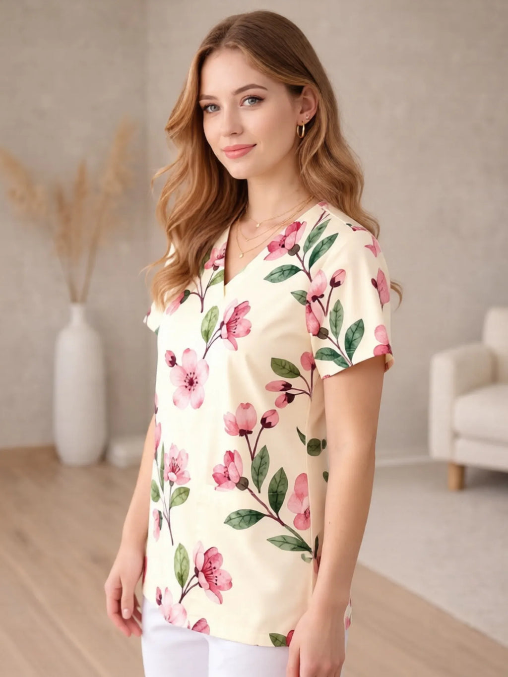 Elegant Floral Pattern Casual Fit Ladies Easy V Neck Nursing Uniform Top Featuring Roomy Front Pockets Loose Fit For Clinic Duty
