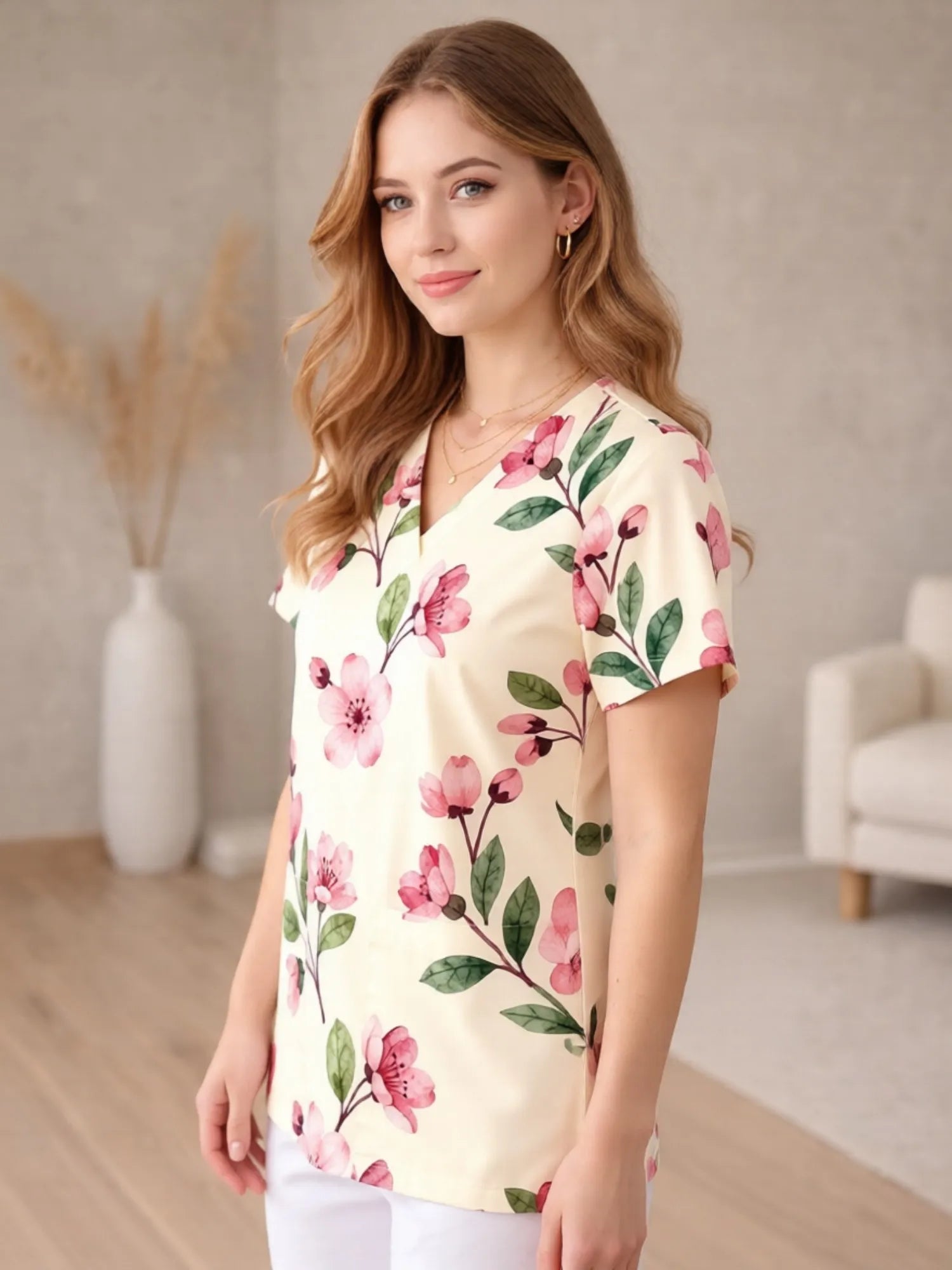 Elegant Floral Pattern Casual Fit Ladies Easy V Neck Nursing Uniform Top Featuring Roomy Front Pockets Loose Fit For Clinic Duty