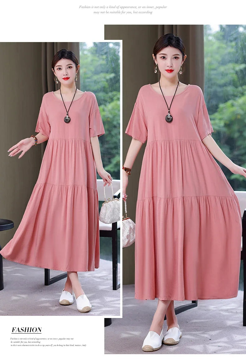 Women's Oversized A-Line Midi Dress – Loose Fit Short Sleeve Summer Sundress