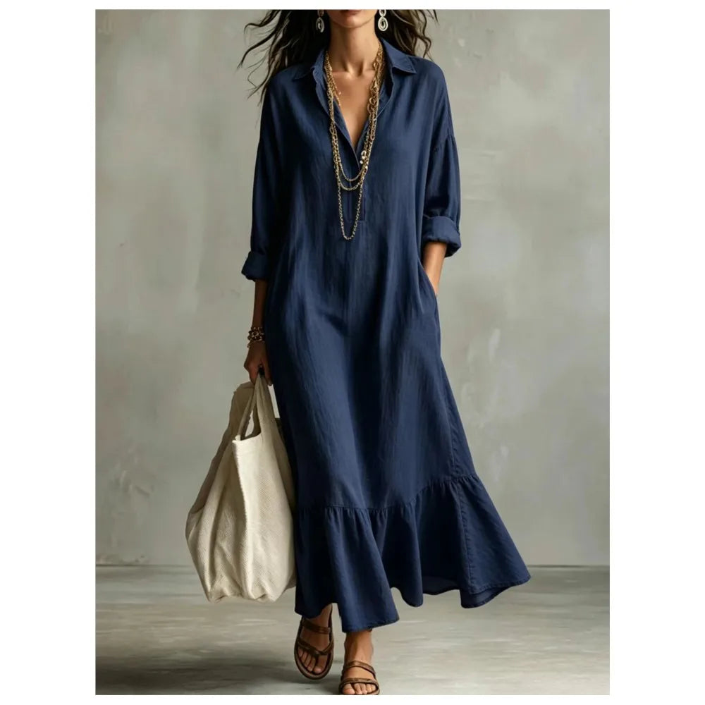 Spring Autumn New Fashion Button Lapel Long Sleeve Shirt Women's Loose Dress Casual Simple Retro Ruffled Swing Dress Female2026