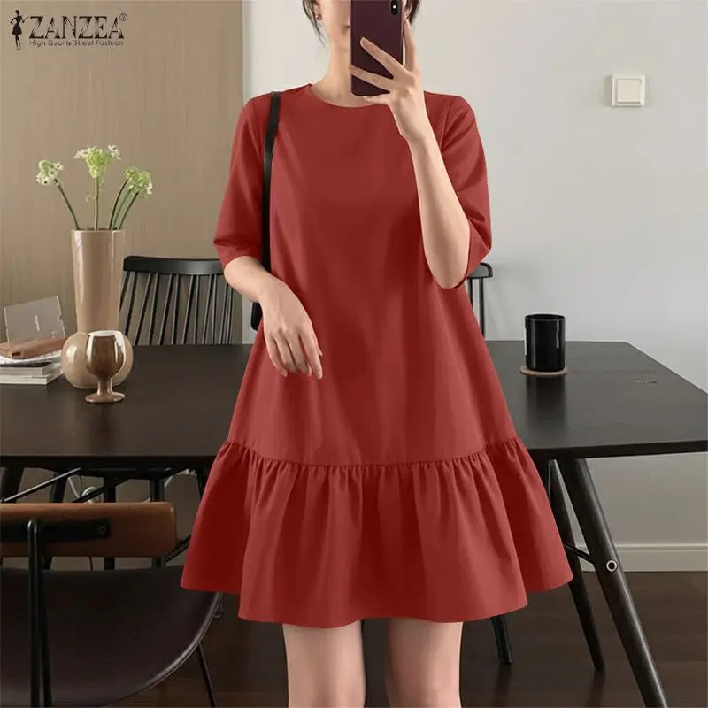 ZANZEA Women's Casual Ruffled Hem Dress O-Neck Half Sleeve A-Line Dress 2026 Summer Daily Solid Color Loose Robes Femme