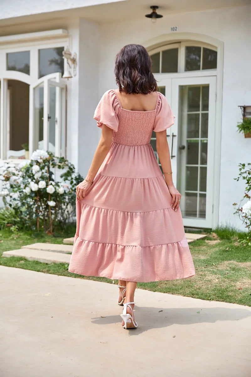 2026 Spring Summer Elegant Women's Long Dress Fashionable Solid Color Square Neck Puff Sleeve Pleated Slim Fit Loose Hem Dress