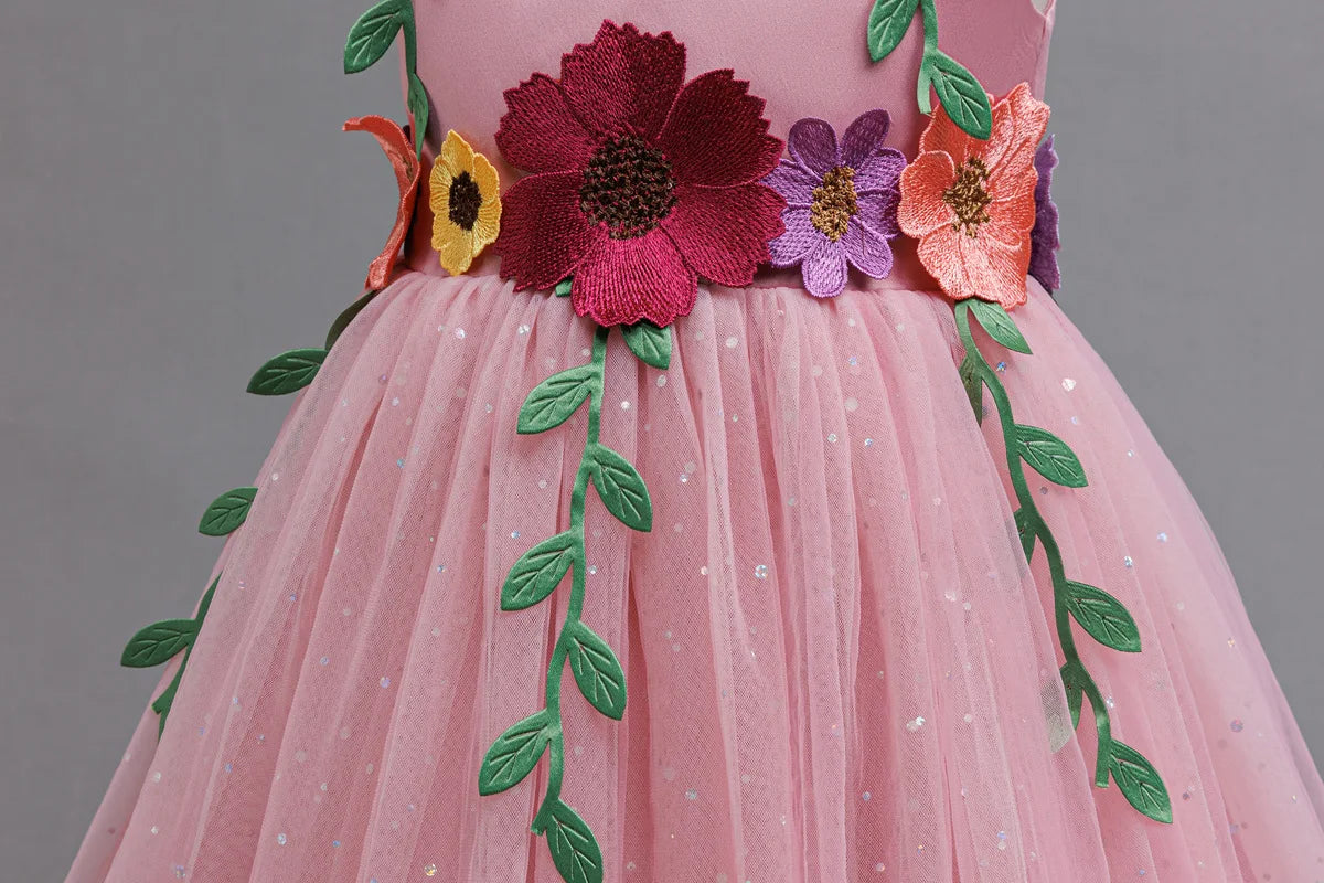 HETISO Princess Dress for Girls Red Christmas Lace Dots Embroidery 3D Flower Formal Party Birthday Gown Kids 2-10 Years