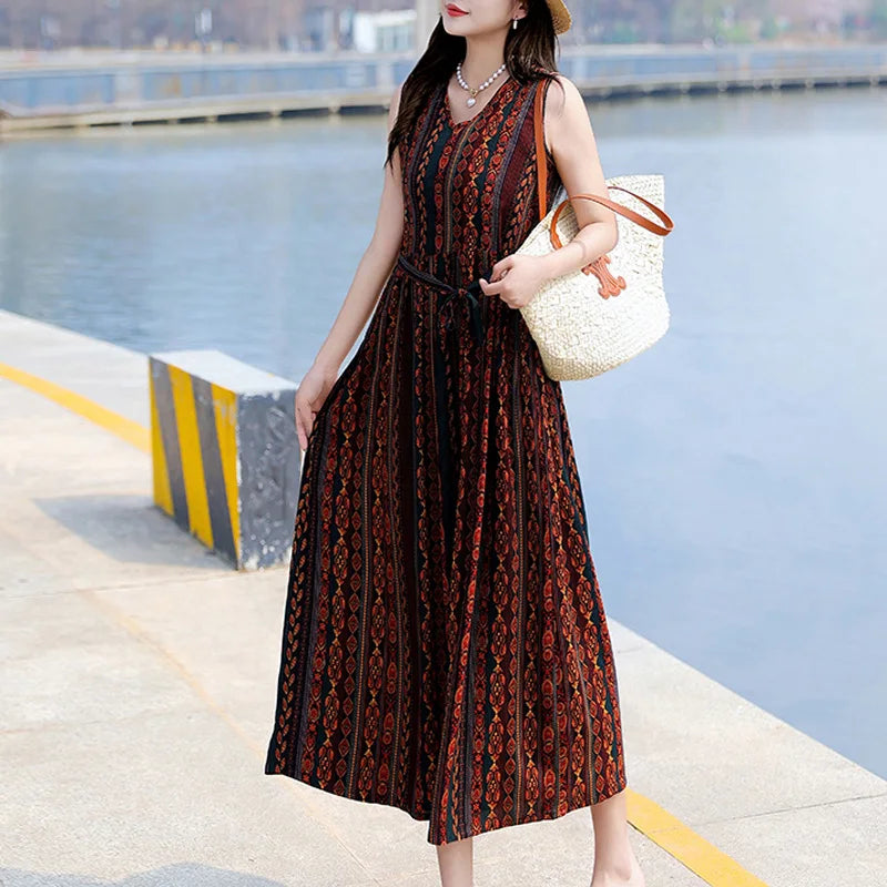 Spring Summer Dresses Fashion Female Sleeveless printed Casual Dress Women A-line Dresses Vestidos