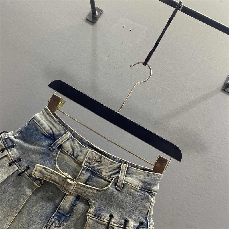 Retro American Denim  Skirt Women's Spring Summer Design Slimming Sexy A-Line Pleated Short Skirt High Waist Cotton Polye...
