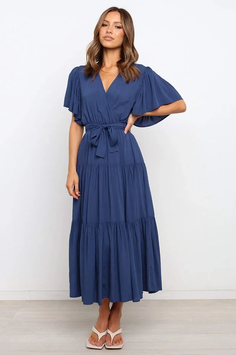 Summer Bohemian Long Dress Pure Color V-Neck Short Sleeve Empire Waist Design Floor Length with Belt Loose Fit Women's Dress