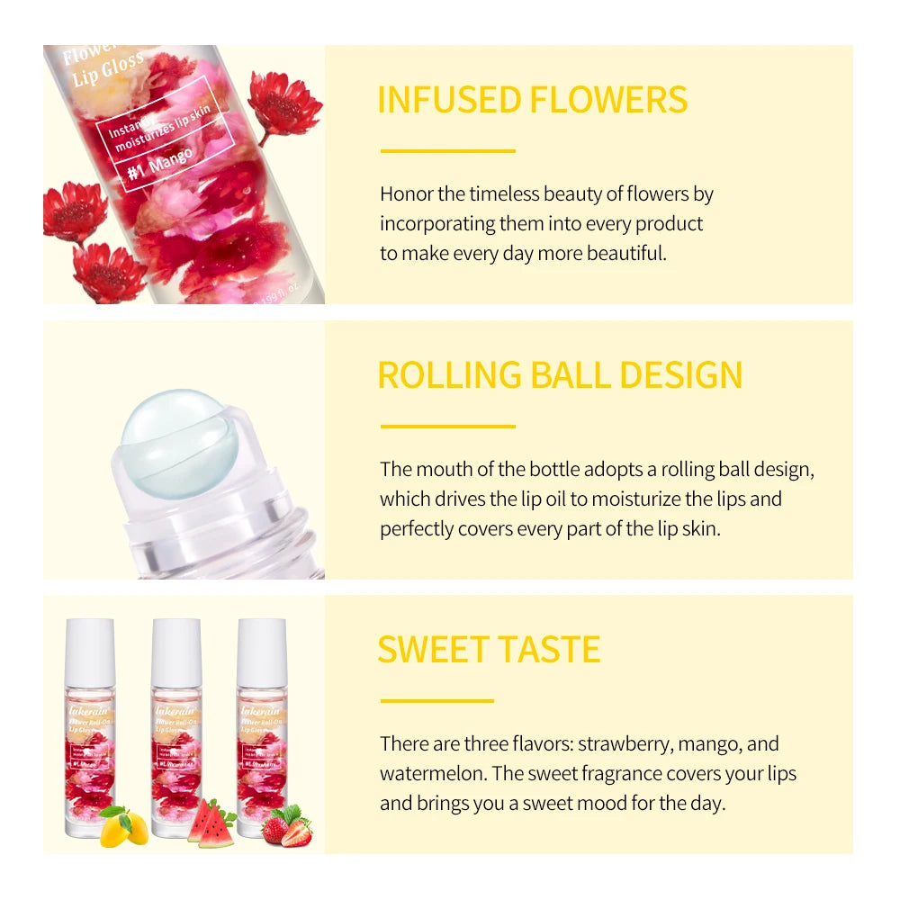 Lakerain Flower Roll-On Lip Gloss Fruit Flavor Sweet Taste Soften Lip Skin Long Lasting Gloss Deep Moisturizing Bright Gloss