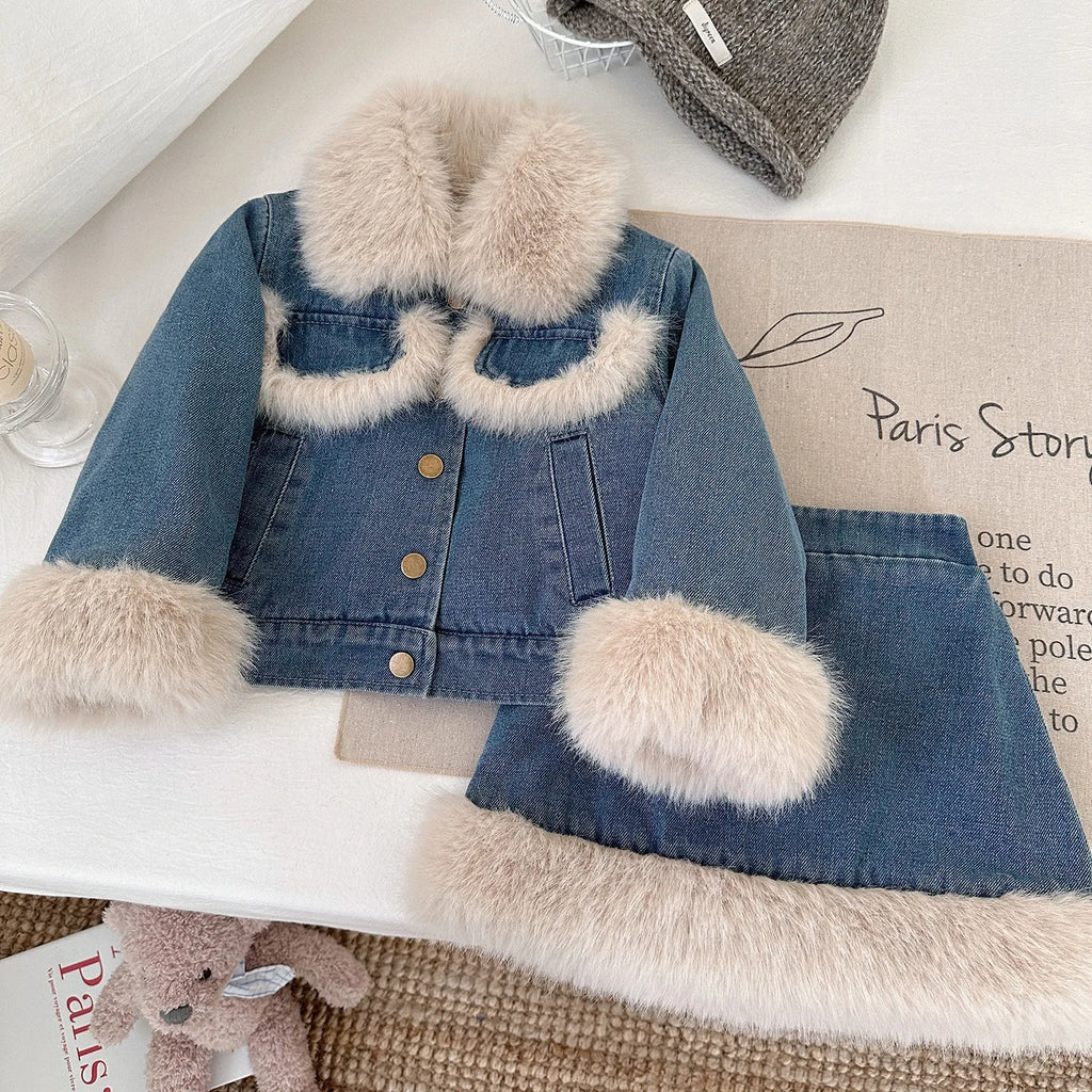 Children's Sets Girls' Fleece-Lined Denim Set Korean Winter Jacket & Skirt 2-Piece Thickened Outfit for Toddlers