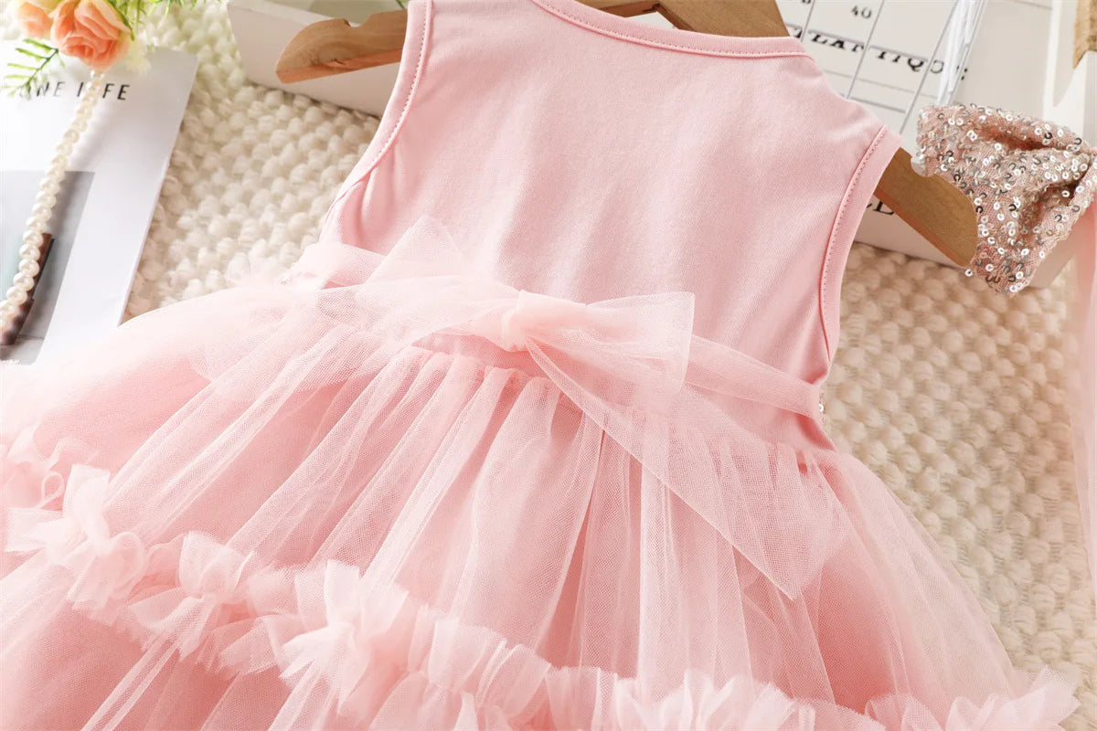 2026 New Summer 1-5Y Childrens Dress Sequin Tulle Sleeveless Girls Dress with Bow Decorations and Matching Sequin Veil