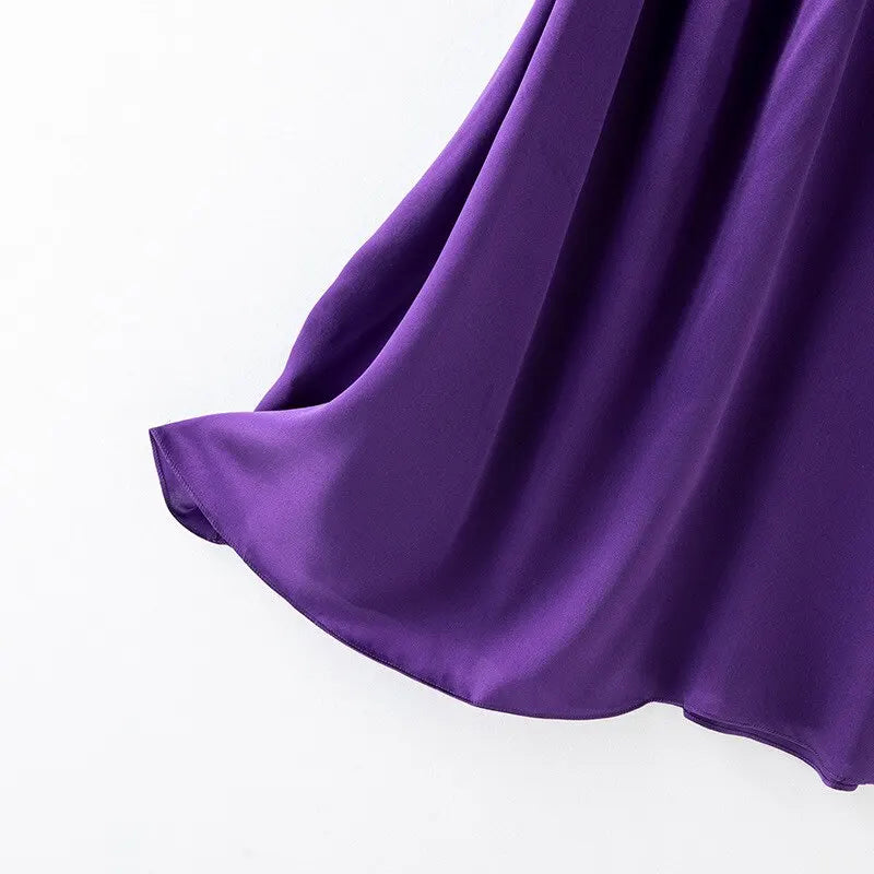 Loose 100%Silk Short Sleeve Nightgown, Summer Medium-long Satin Sleepwear Woman