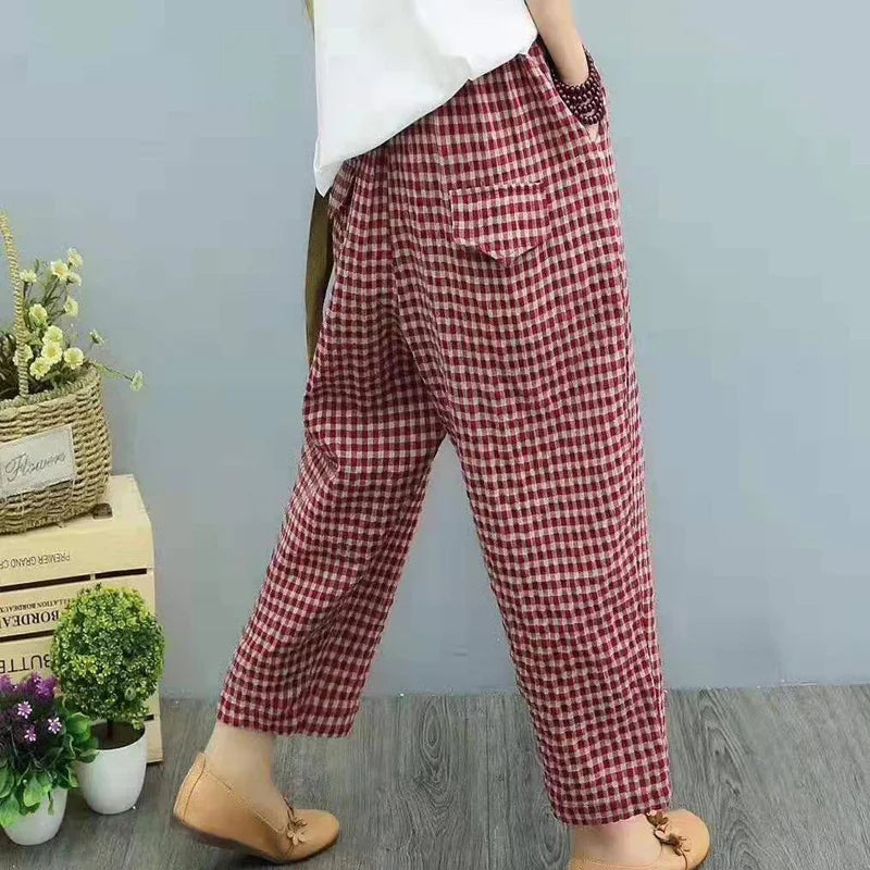 Summer Plaid Fashion Haren Pants Women High Street Casual Loose Pockets High Waist Pure Cotton All-match Comfortable Trousers