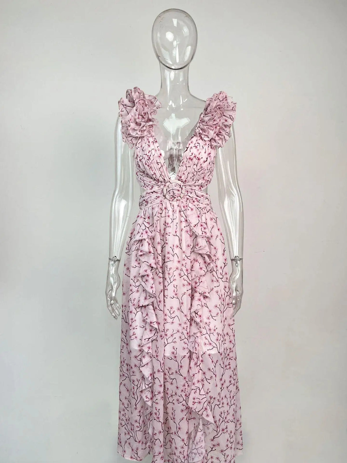 Deep V-Neck Backless Slim Fit Ruffled Floral Dress Summer Vacation Sexy Print Long Dress