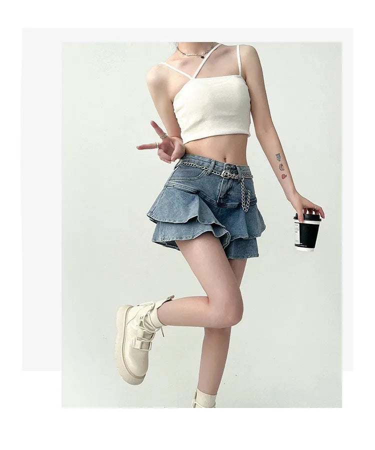 Summer Women High Waist Denim Cake Skirt A-Line Bodycon Mini Skort Casual E-Girl Street Skirt