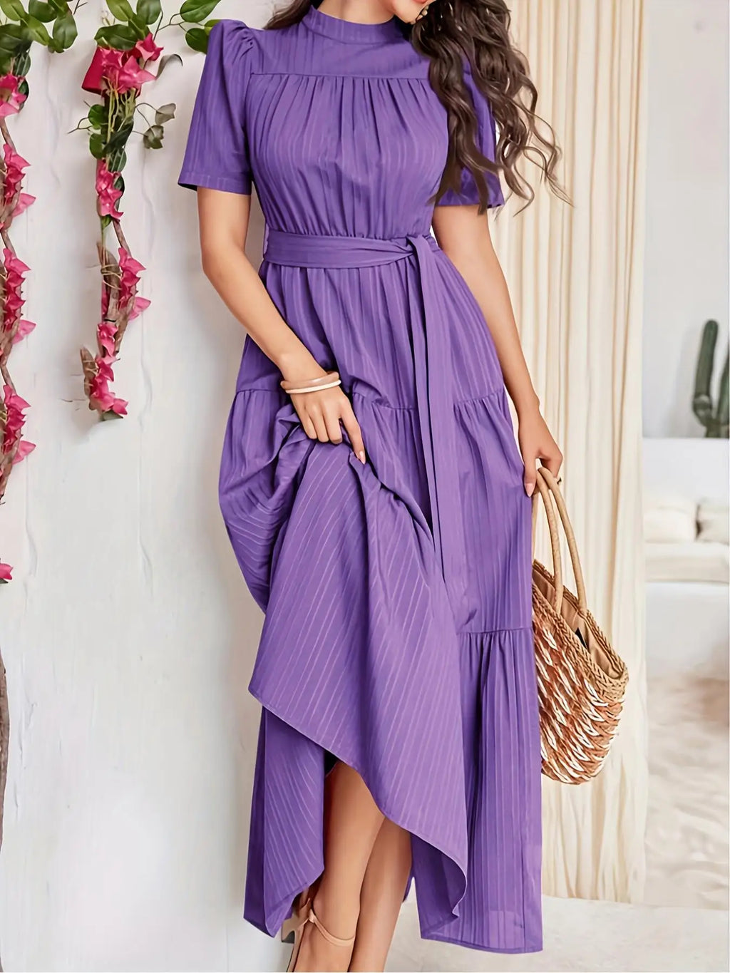 High Neck Dress, Bohemian Sweet Style, Self-Tie Waistband and Puff Sleeves, Perfect for Vacation, Dates, and Daily Wear